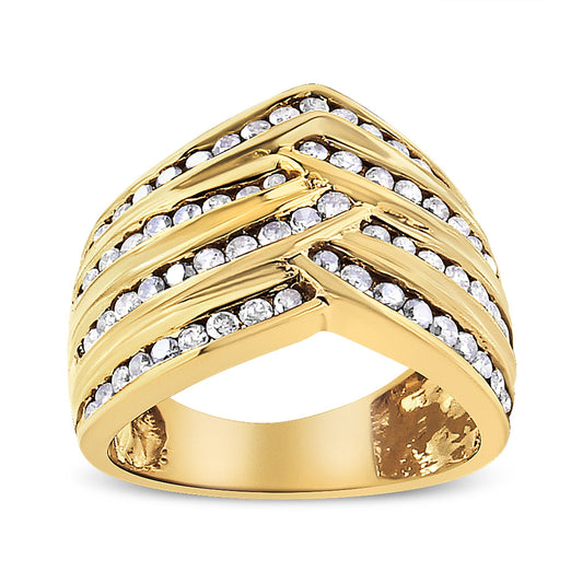 Front angle view of a yellow ring with multiple rows of channel-set round champagne-colored gemstones arranged in a chevron pattern.
