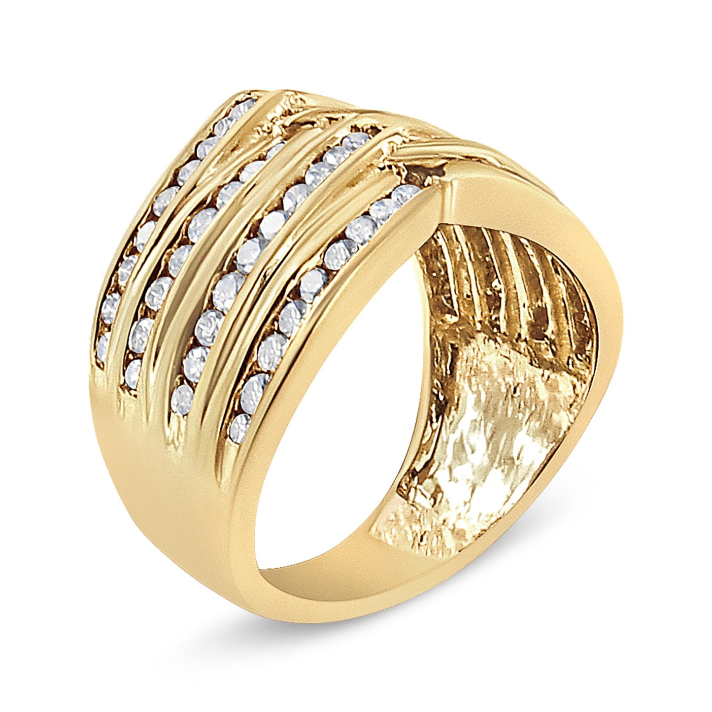 Yellow wide band ring with multiple rows of channel set round champagne color gemstones, shown at a slight angle.