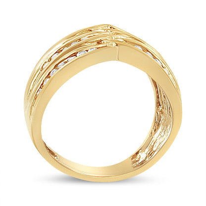 Front-facing view of a yellow ring with channel-set round champagne-colored gemstones in two parallel rows.