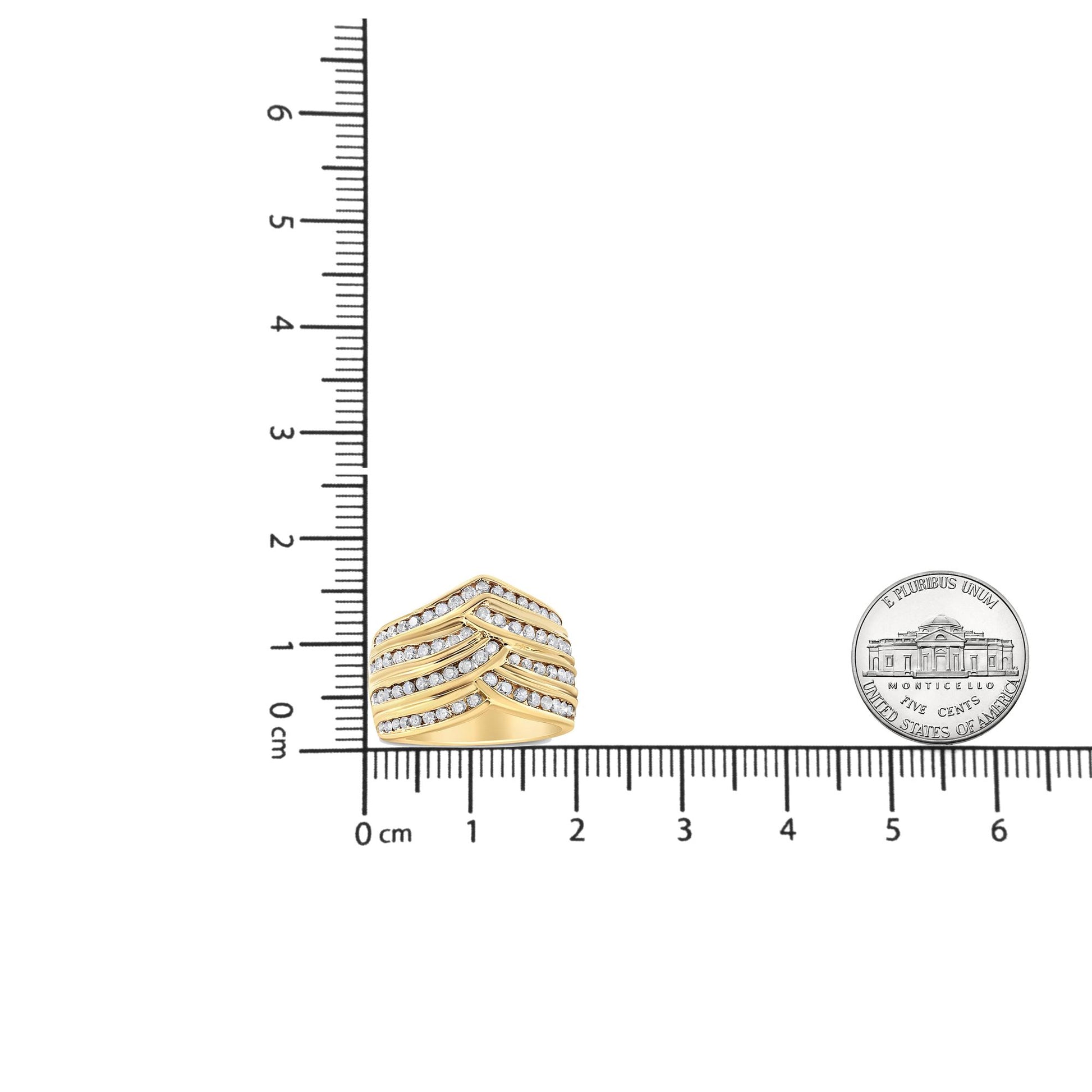 Yellow ring with multiple rows of champagne-colored round gemstones in channel setting, shown from a front angle, placed on a ruler for size reference.