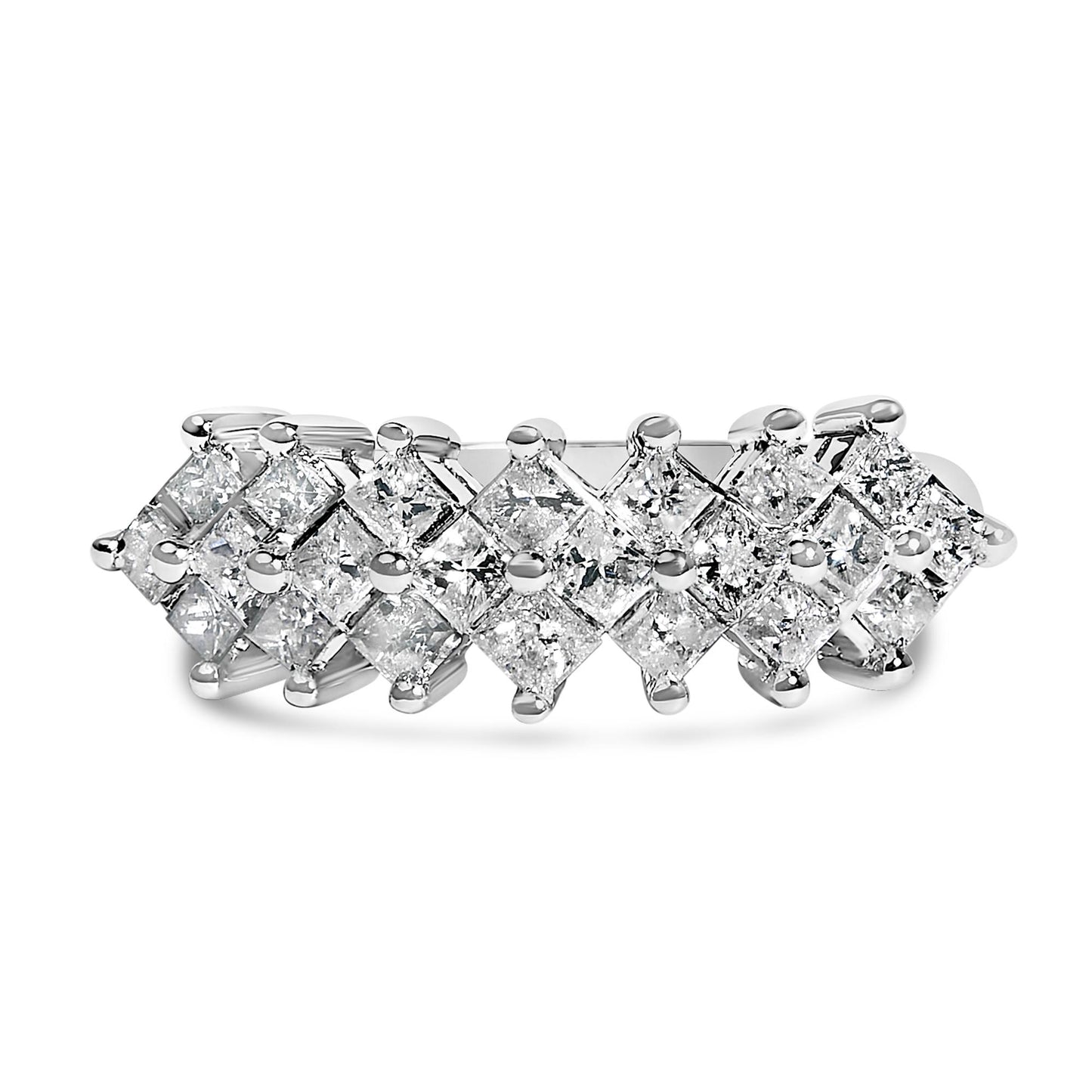 Close-up angled top view of a white ring featuring princess-shaped white gemstones set invisibly in two rows.