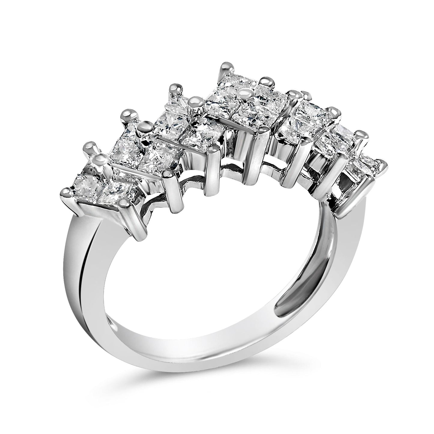 Close-up angled view of a white ring featuring rows of princess-shaped white gemstones with invisible settings, arranged in two layers along the top half of the band.