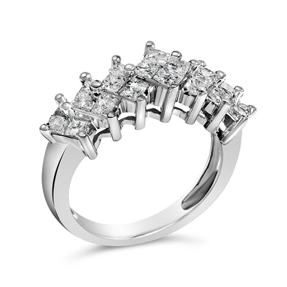 Close-up angled view of a white ring featuring rows of princess-shaped white gemstones with invisible settings, arranged in two layers along the top half of the band.