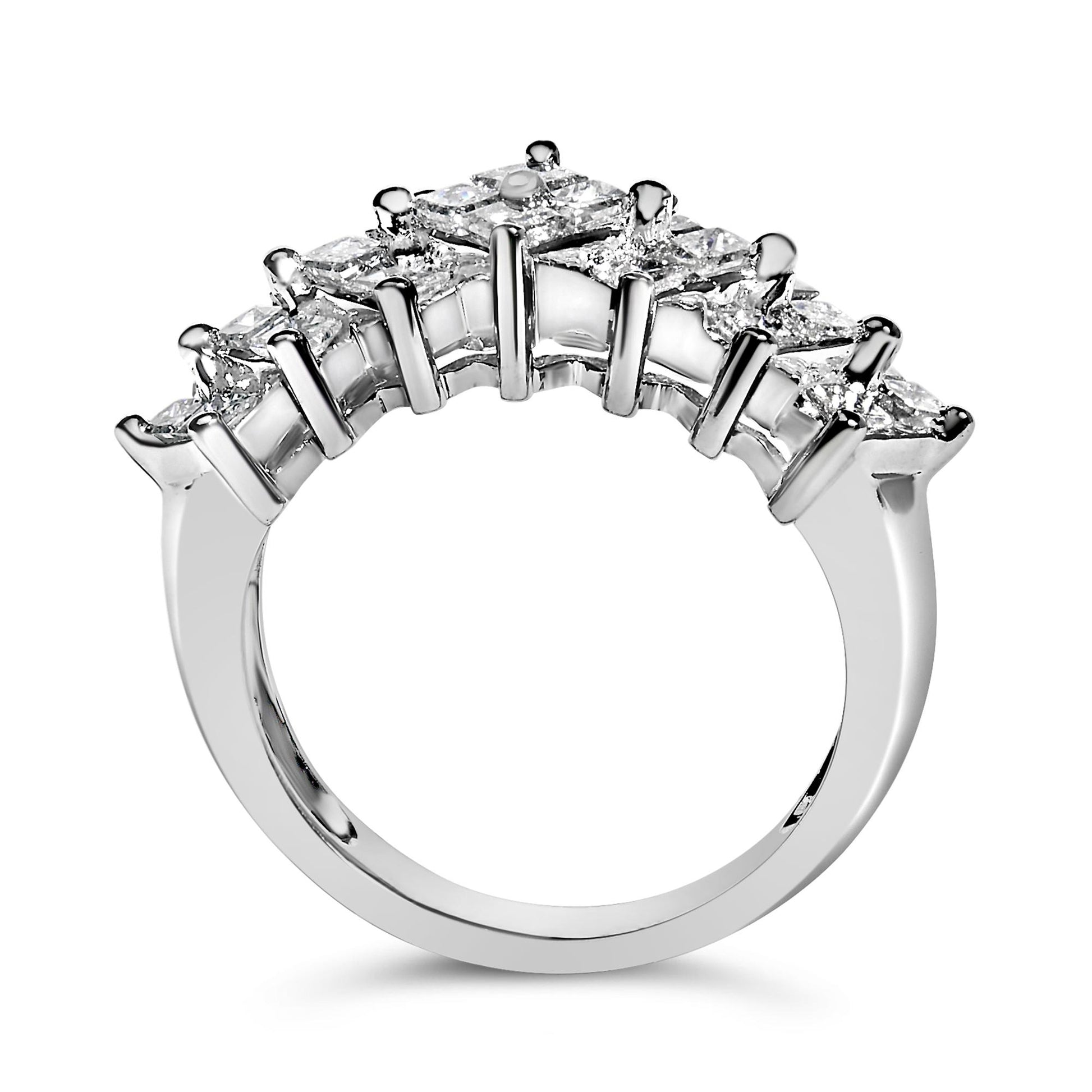 Close-up front angle of a white metal ring featuring two rows of white princess-shaped gemstones in an invisible setting, showing the detailed arrangement and band.