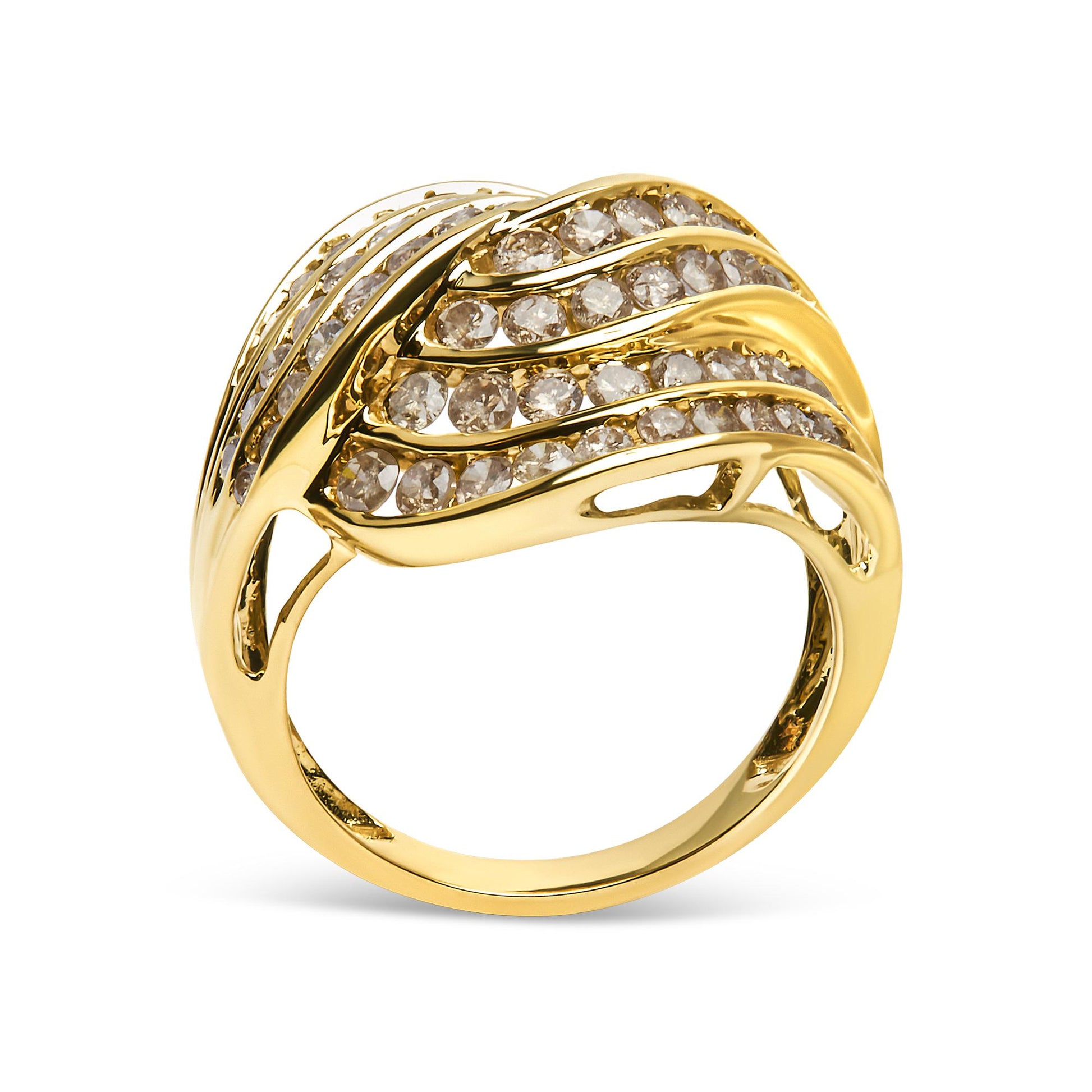 Yellow metal ring with multiple rows of round brownish gemstones in channel settings, shown from a side angle.