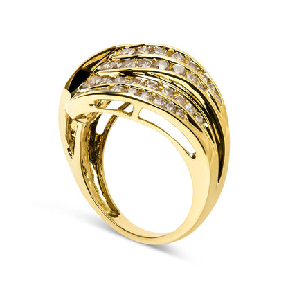 Yellow metal ring with multiple rows of round brownish gemstones in channel setting, shown at an angled side view.