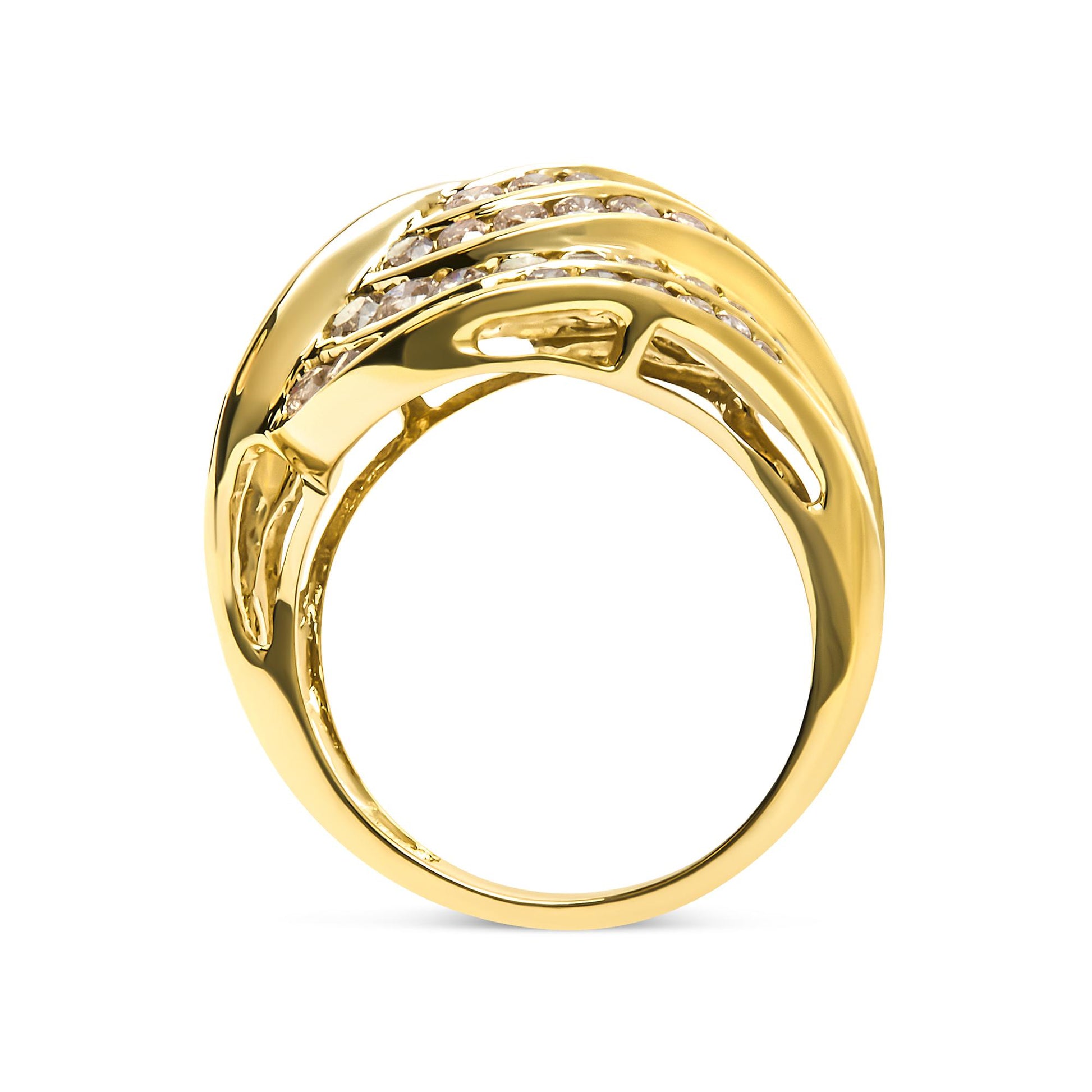 Yellow ring viewed from the side, featuring curved bands set with multiple rows of small white round gemstones in channel settings.