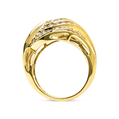 Yellow ring viewed from the side, featuring curved bands set with multiple rows of small white round gemstones in channel settings.
