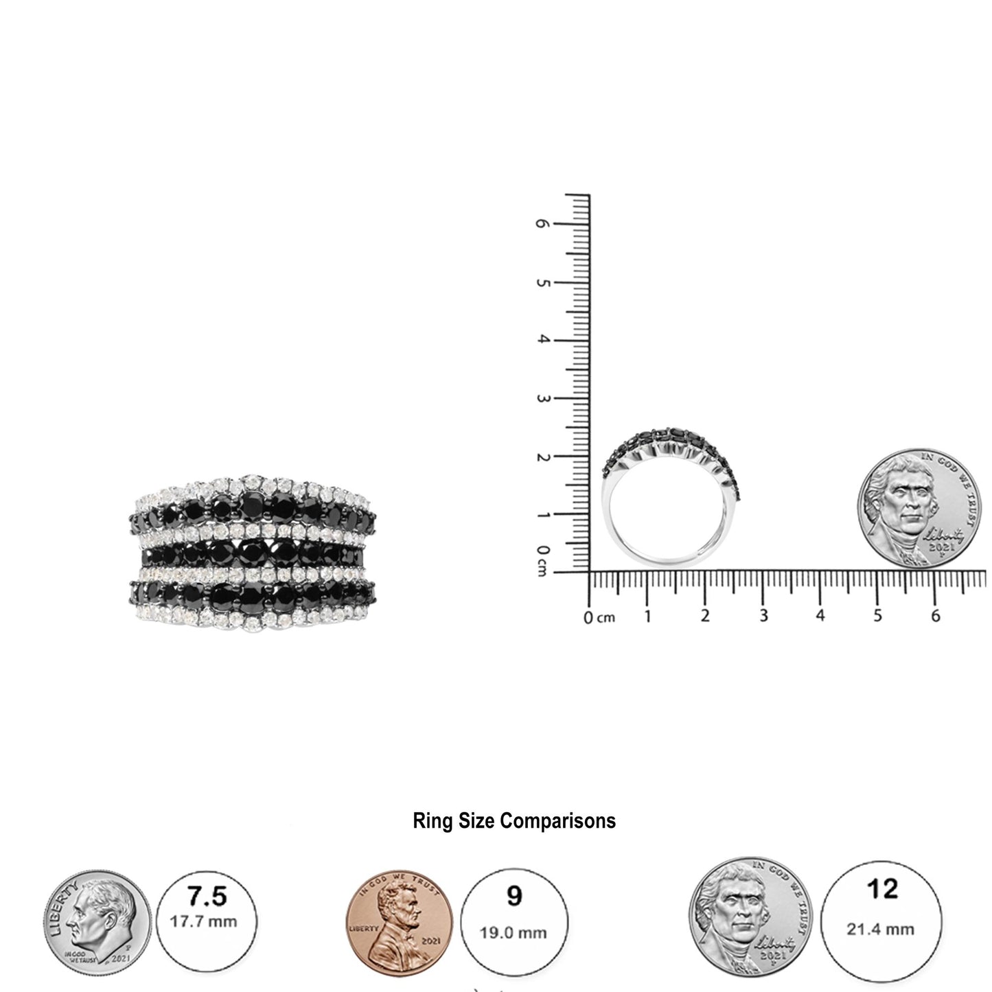 Front and side view of a white metal ring with alternating rows of prong-set black and white round gemstones, shown next to a ruler and coin for size reference.