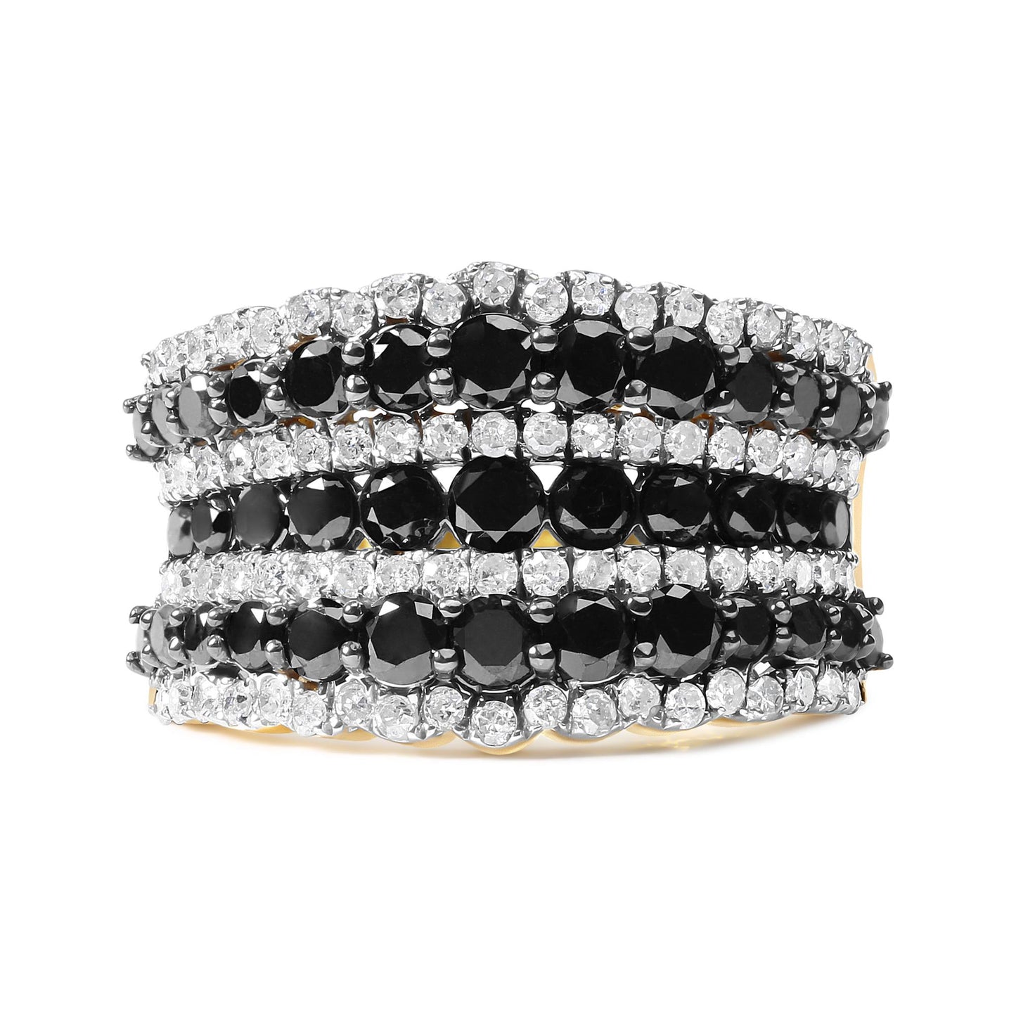 Close-up front view of a yellow ring with alternating rows of round black and white prong-set gemstones.