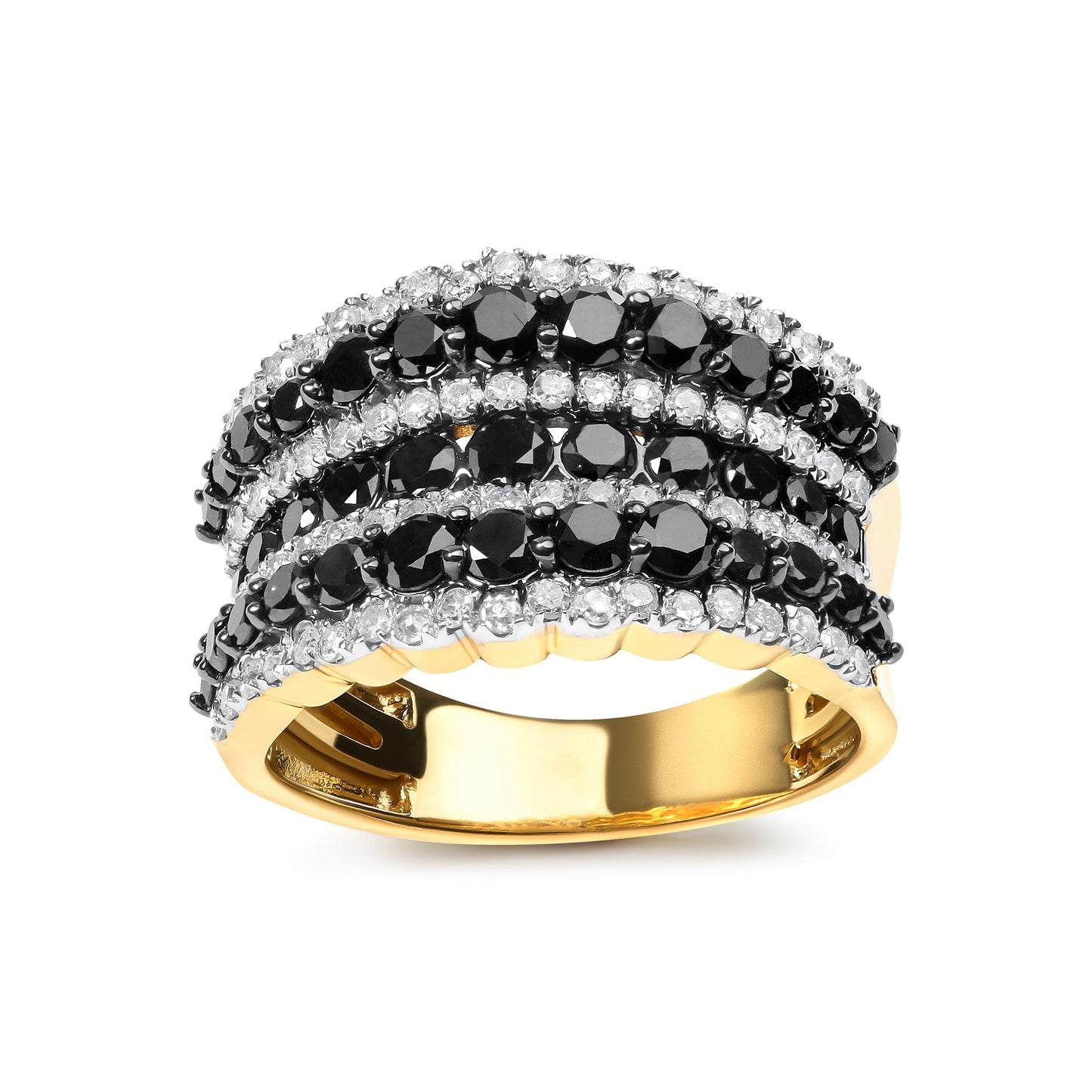 Yellow metal ring with multiple rows of prong-set round black and white gemstones, shown in a front-facing close-up angle.