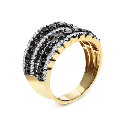 Yellow metal ring shown from an angled side view, featuring multiple rows of black and white round gemstone clusters in prong settings.