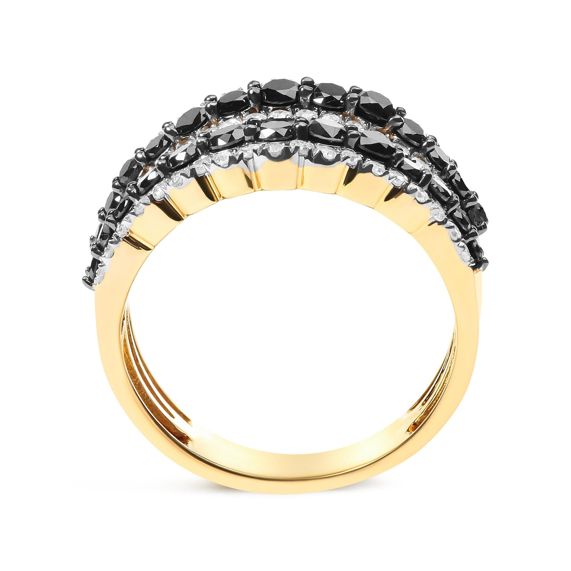 Close-up side view of a yellow metal ring with multiple rows of prong-set black and white round gemstones.