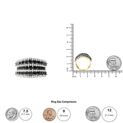 Yellow ring with multiple rows of black and white gemstones in prong settings, shown from the front and side on a ruler for size reference.