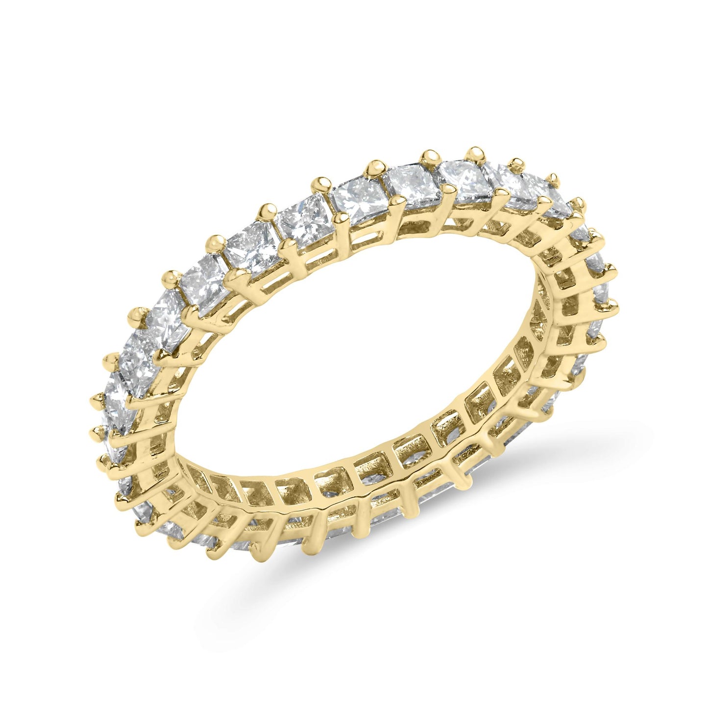 Angle shot of a yellow ring featuring white princess shape gemstones in a shared prong setting encircling the band.