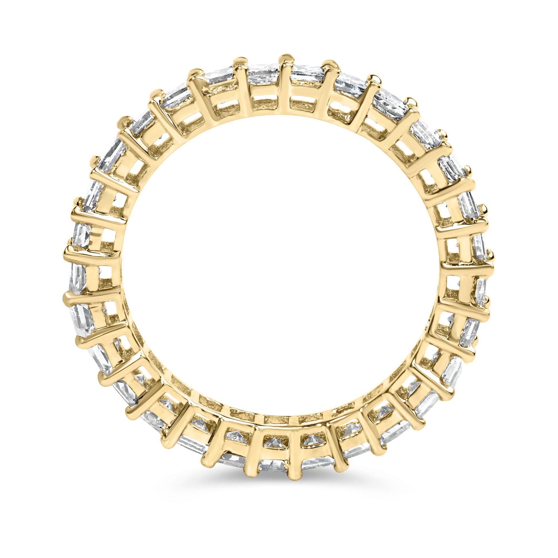 Top-down close-up of a yellow ring with white princess-shaped gemstones in a shared prong setting encircling the band.