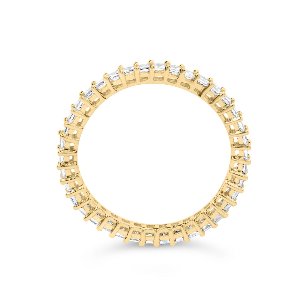 Close-up front angle of a yellow ring featuring a continuous row of white princess-shaped gemstones in prong settings.