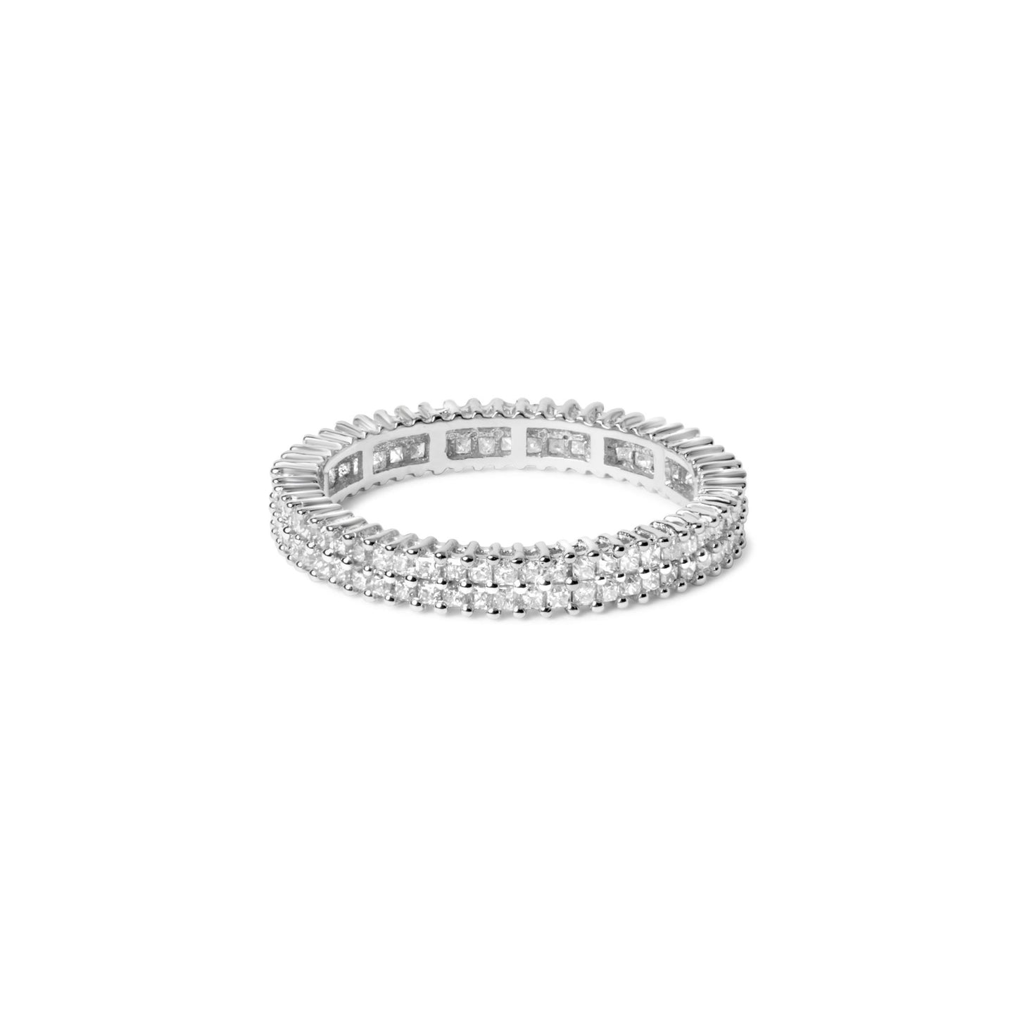 White metal ring with two rows of closely set princess-shaped white gemstones in prong settings, shown at a slight angled top-down view on a white background.