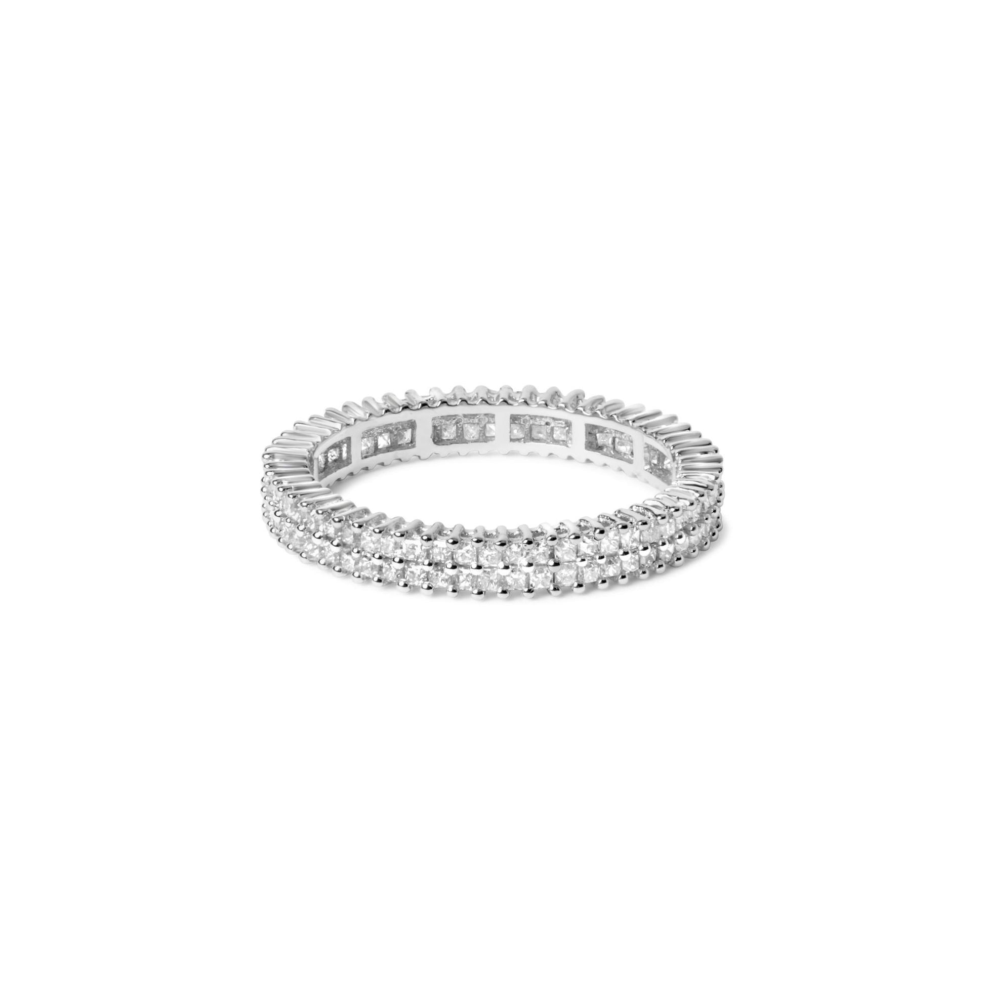 White metal ring with two rows of closely set princess-shaped white gemstones in prong settings, shown at a slight angled top-down view on a white background.