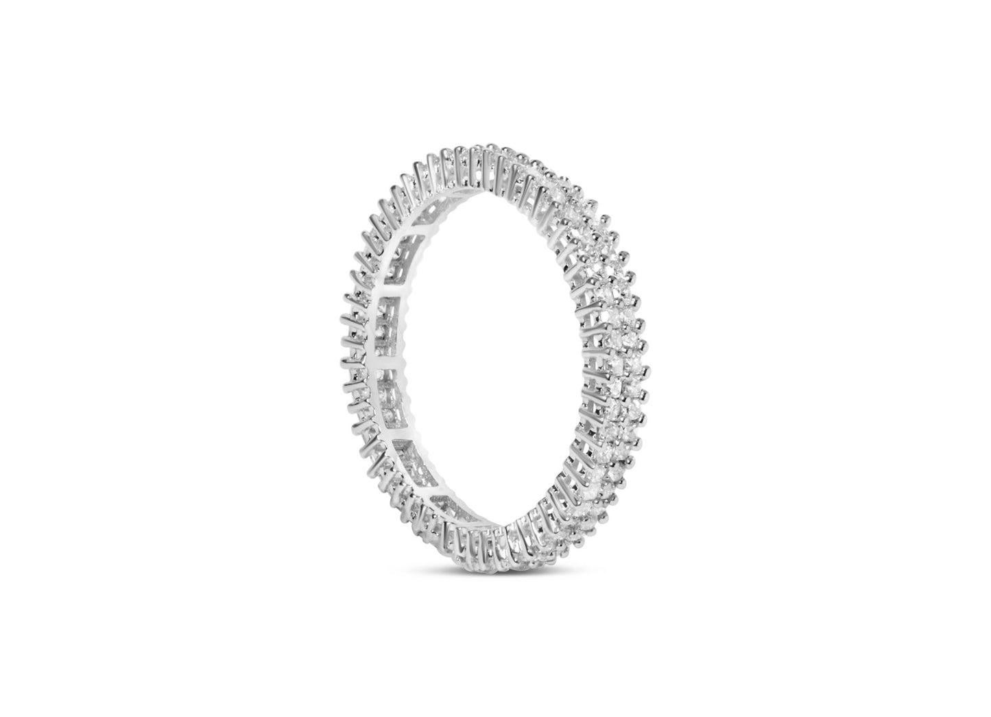 Close-up front angled view of a white metal ring featuring two rows of princess-shaped white gemstones in prong settings encircling the band.