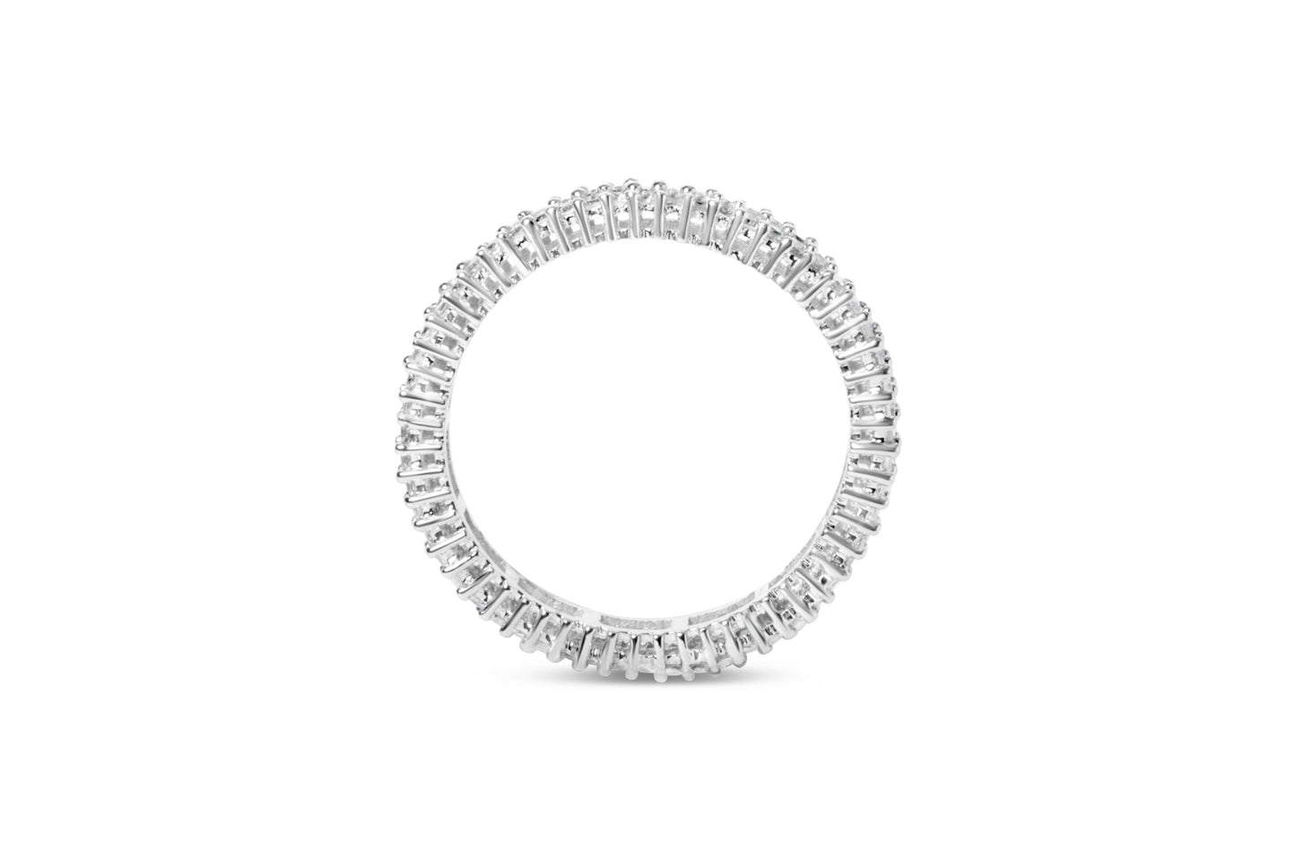 Top-down view of a white metal ring fully encircled with white princess-shaped gemstones in prong settings.