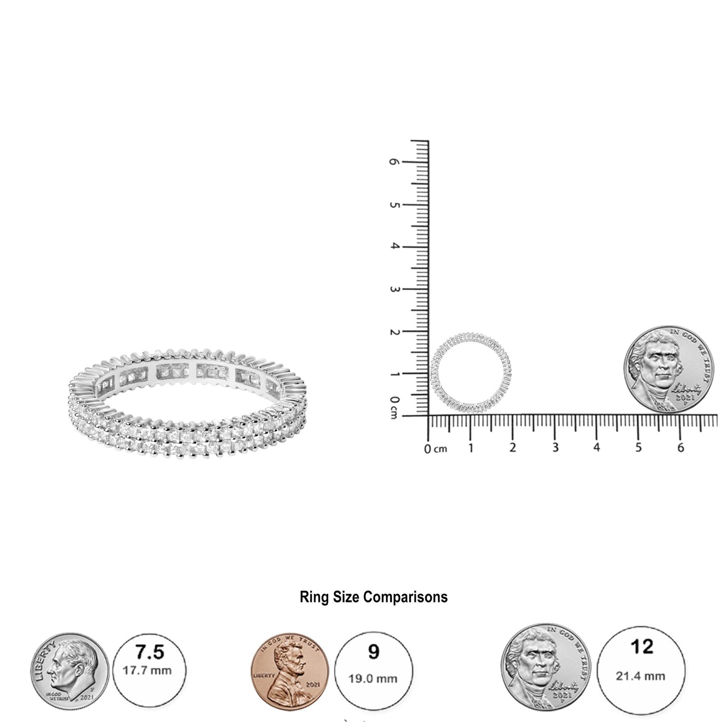 Top view of a white ring with multiple princess shape white gemstones in prong settings, shown on a scale with rulers and coins for size comparison.