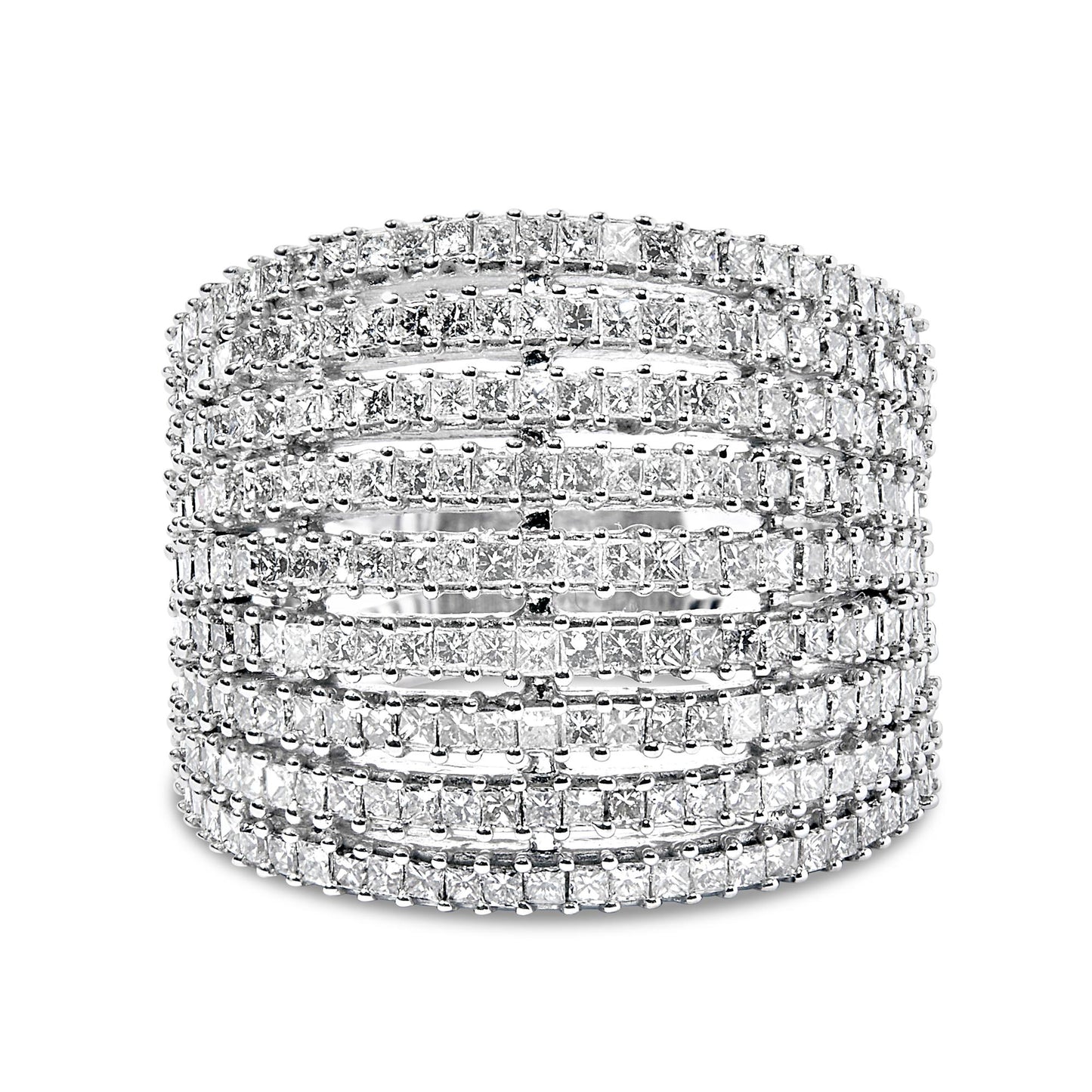 Front-facing view of a white ring featuring multiple rows of princess-shaped white gemstones in shared prong settings.