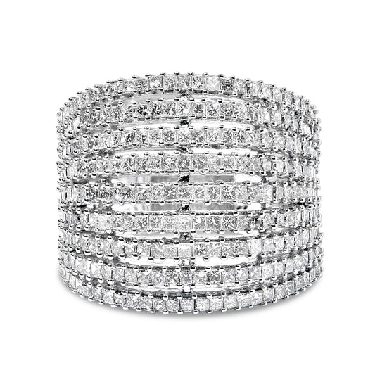Front-facing view of a white ring featuring multiple rows of princess-shaped white gemstones in shared prong settings.