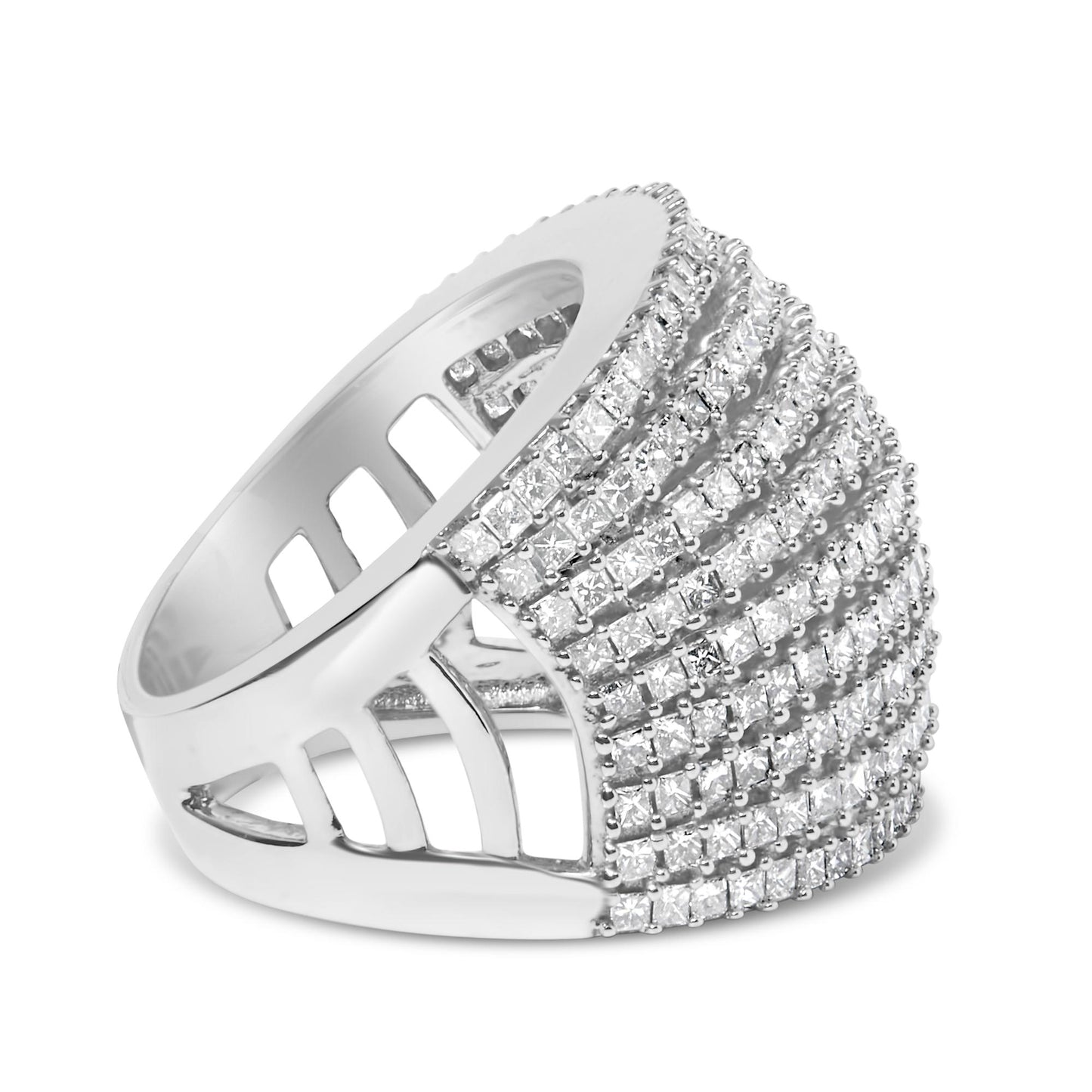 Close-up angled view of a wide white metal ring featuring multiple rows of princess-shaped white gemstones in a shared prong setting.