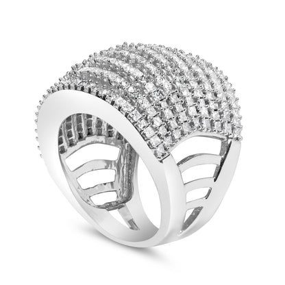 White metal ring with multiple rows of princess-shaped white gemstones in shared prong setting, shown from a front-side angle.
