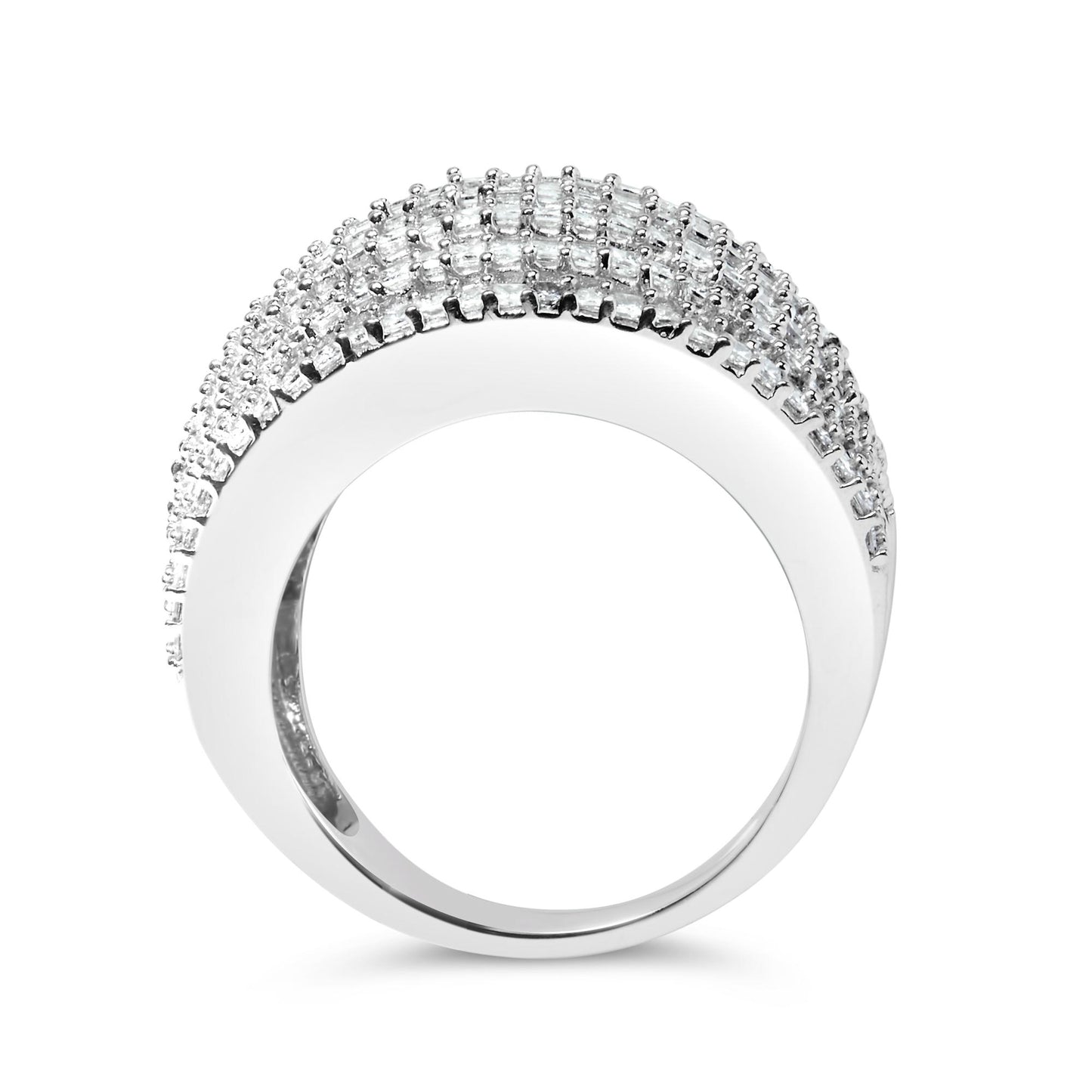 Close-up front angle of a white colored ring with rows of white princess-shaped gemstones in a shared prong setting.