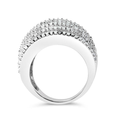 Close-up front angle of a white colored ring with rows of white princess-shaped gemstones in a shared prong setting.