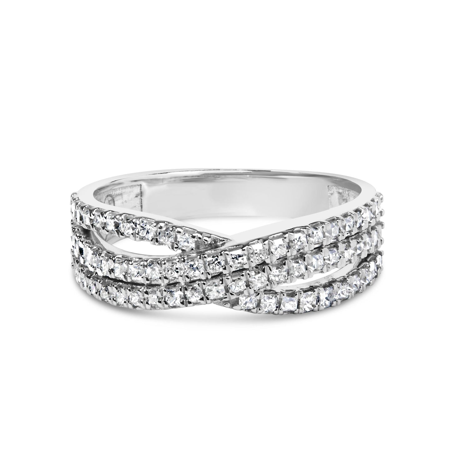 White metal ring with three intertwined bands, each set with prong-set princess shape white gemstones, shown from a front angle.