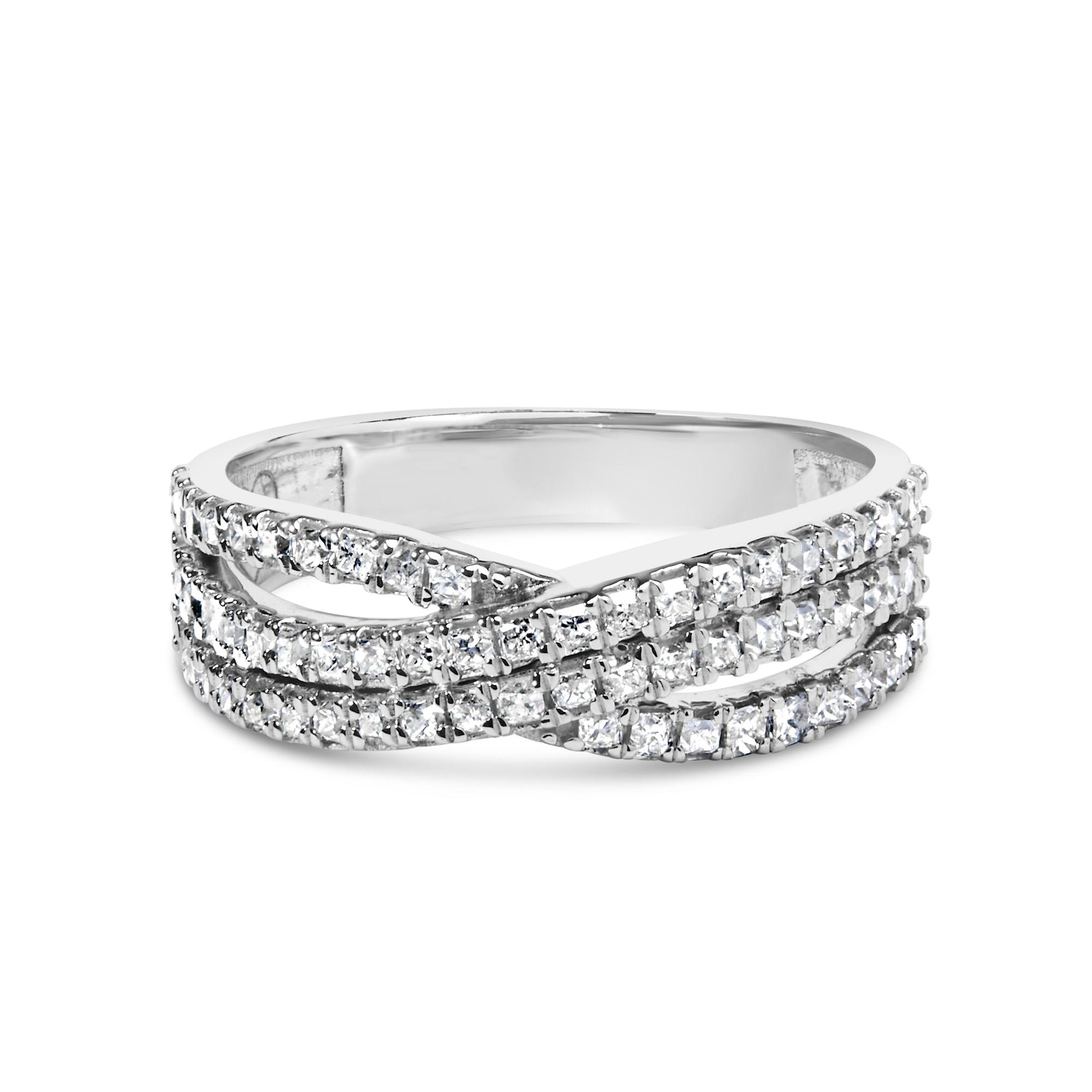 White metal ring with three intertwined bands, each set with prong-set princess shape white gemstones, shown from a front angle.