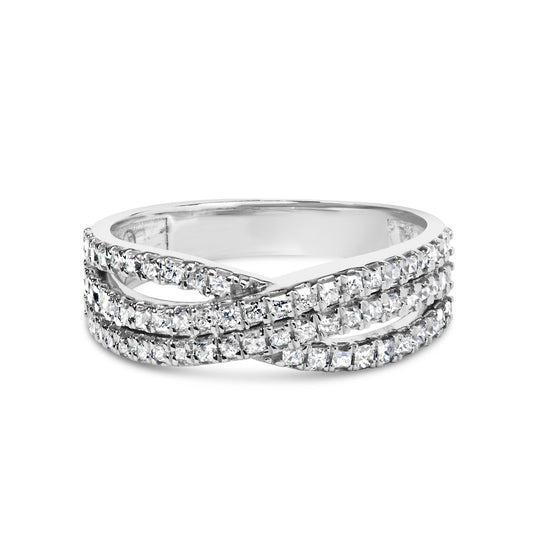 White metal ring with three intertwined bands, each set with prong-set princess shape white gemstones, shown from a front angle.