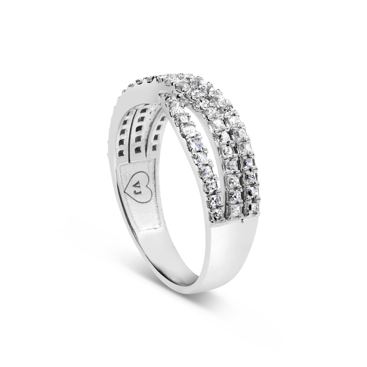White metal ring with three rows of prong-set princess shape white gemstones, shown at a side angle.