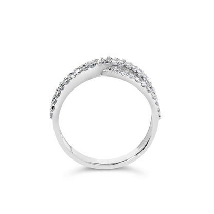 White ring with two crossover bands set with prong-set princess-shaped white gemstones, shown from the front angle on a white background.