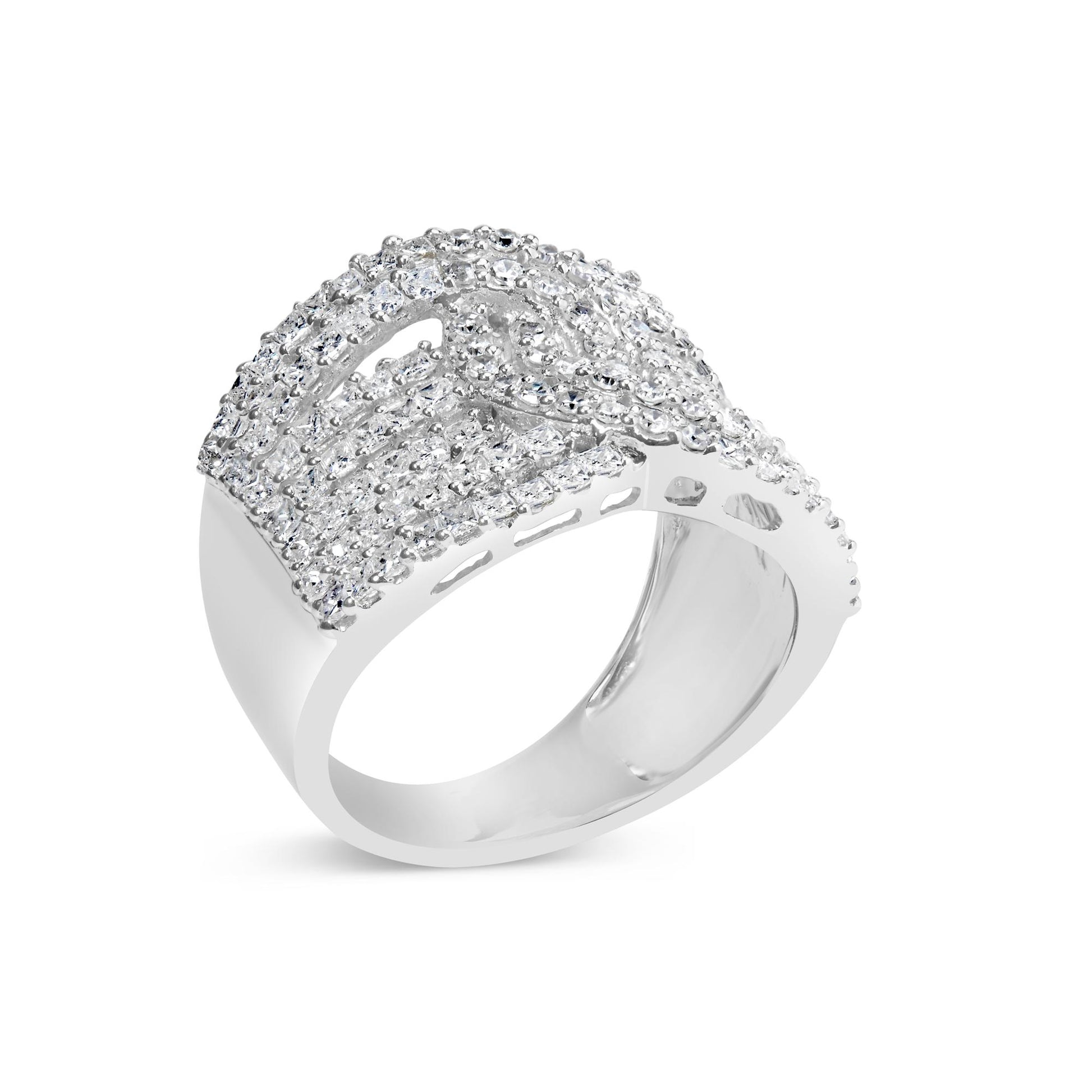 White metal ring with an intersecting design featuring rows of princess shape gemstones in invisible settings and round shape gemstones in prong settings, shown at a slight side angle.