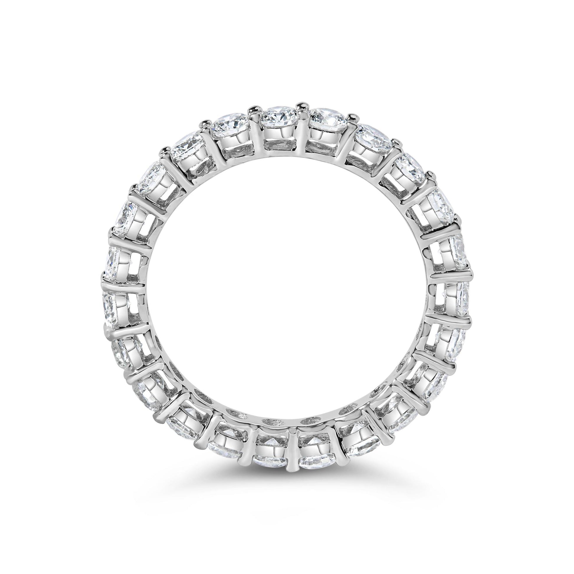 Top-down close-up of a white metal eternity band ring featuring round white gemstones in a shared prong setting encircling the entire band.