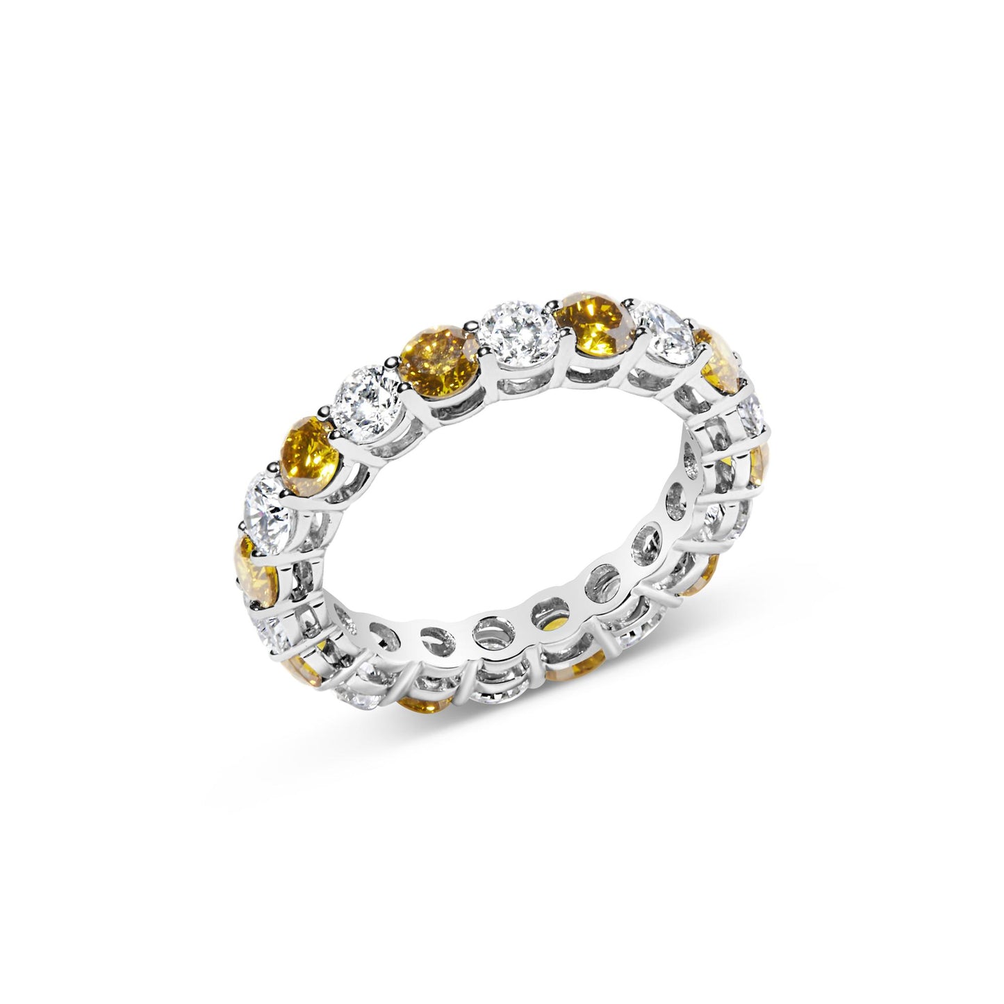 White metal ring viewed at an angle, featuring alternating round yellow and white gemstones in prong settings encircling the band.
