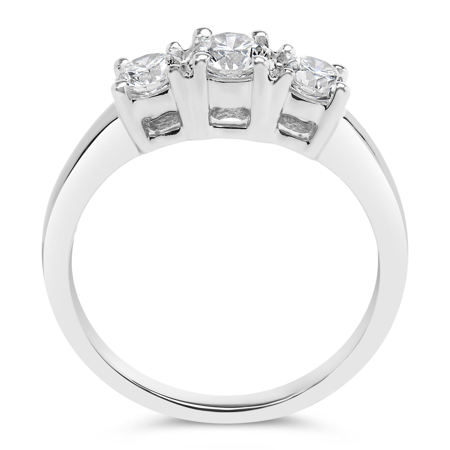 White metal ring with three round white gemstones in four-prong settings, shown from front angle.