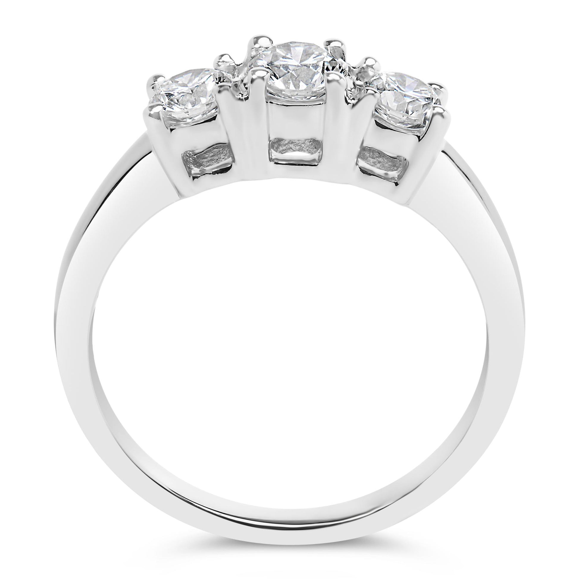 White metal ring with three round white gemstones in four-prong settings, shown from front angle.