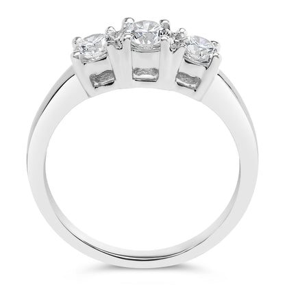 White metal ring with three round white gemstones in four-prong settings, shown from front angle.