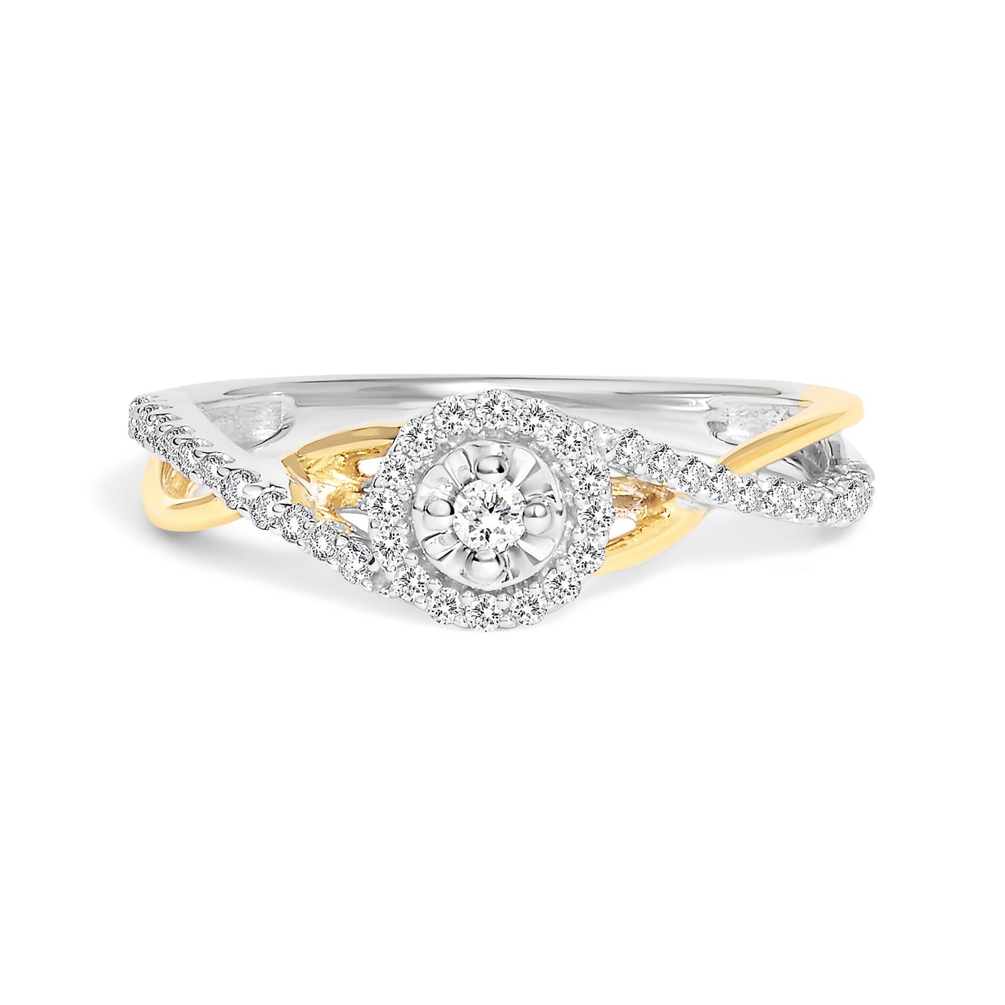 Front angle view of a ring featuring intertwined yellow and white metal bands with round white gemstones in prong settings forming a circular cluster centerpiece and a twist design along the bands.