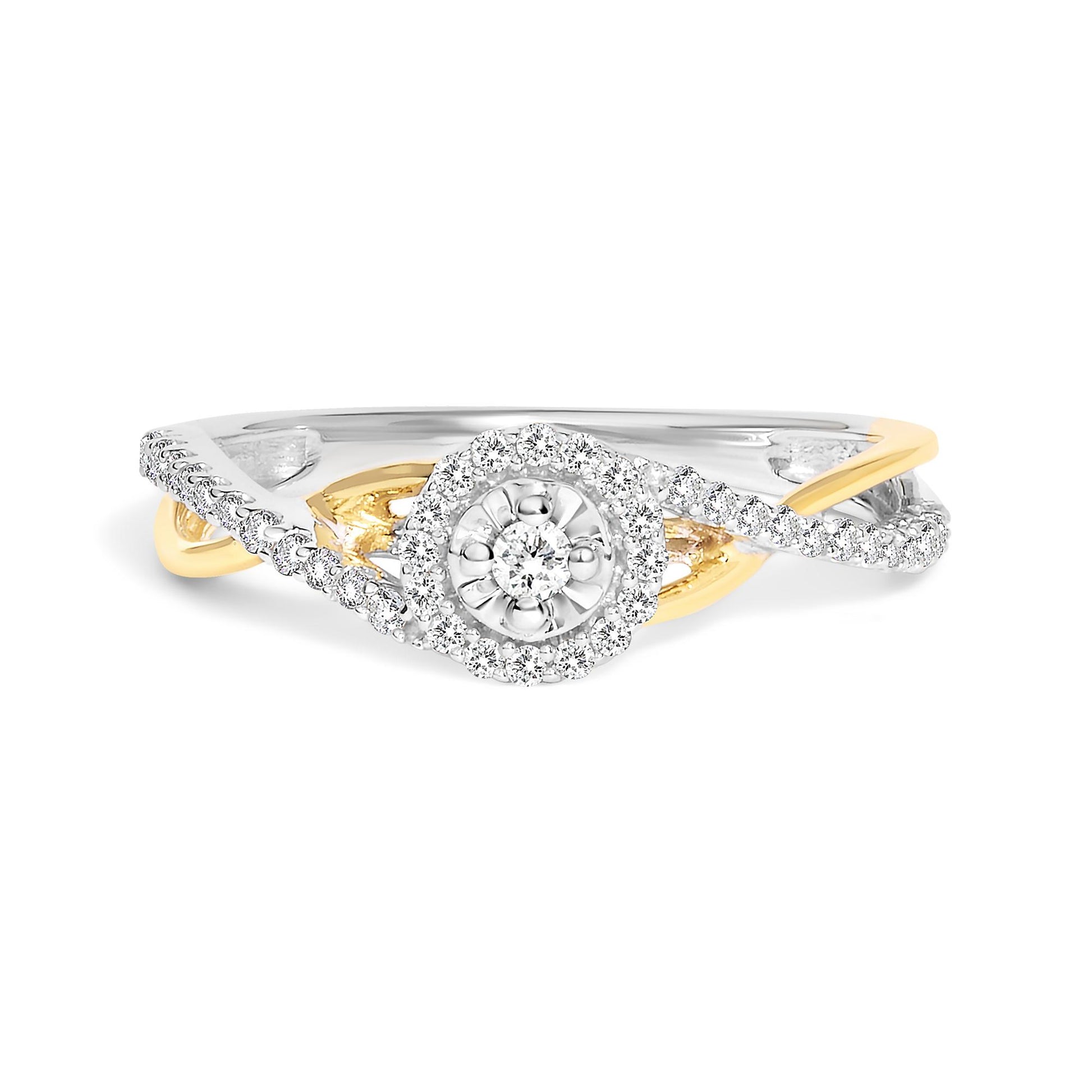 Front angle view of a ring featuring intertwined yellow and white metal bands with round white gemstones in prong settings forming a circular cluster centerpiece and a twist design along the bands.