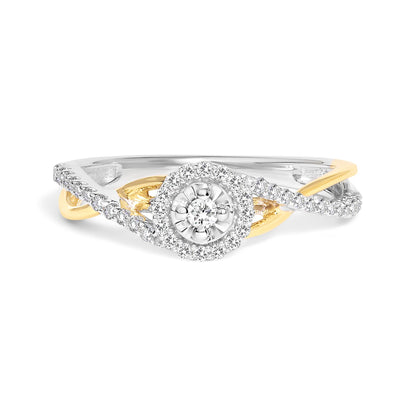 Front angle view of a ring featuring intertwined yellow and white metal bands with round white gemstones in prong settings forming a circular cluster centerpiece and a twist design along the bands.