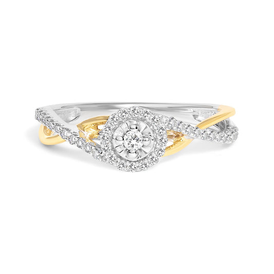 Front angle view of a ring featuring intertwined yellow and white metal bands with round white gemstones in prong settings forming a circular cluster centerpiece and a twist design along the bands.