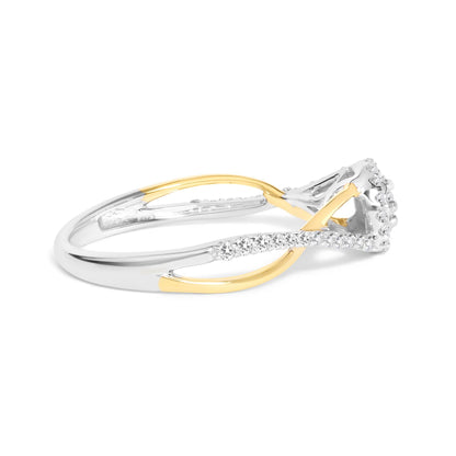 Side angle view of a two-tone ring featuring intertwined yellow and white metal bands adorned with multiple small round white gemstones in prong settings.
