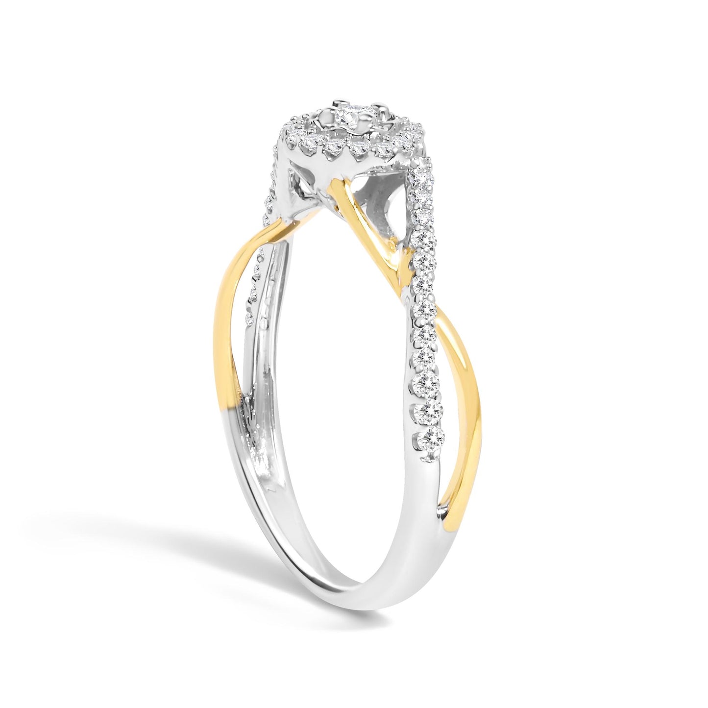 Angle view of a two-tone ring with yellow and white metal colors, featuring a single round white gemstone in a prong setting at the center, surrounded by multiple small round white gemstones in prong settings along the band.