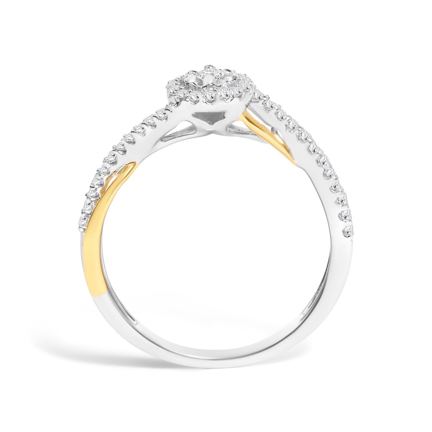 Side view of a two-tone ring with white and yellow metal colors, featuring a round white gemstone in prong setting at the center, surrounded by multiple smaller round white gemstones in prong settings along the band.